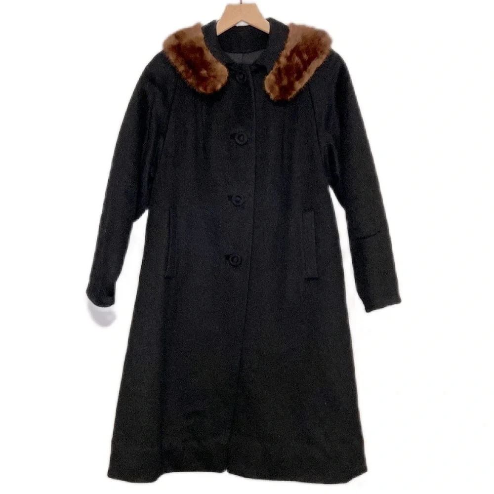 Vintage Alpaca Long Black Coat with Fur Trim Button Down Pea Coat Medium Wool